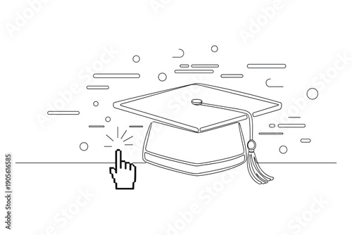 Vector graduation cap with cursor and abstract elements on checkered background