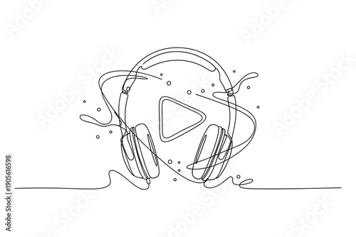 Vector headphones with play button and abstract elements on checkered background