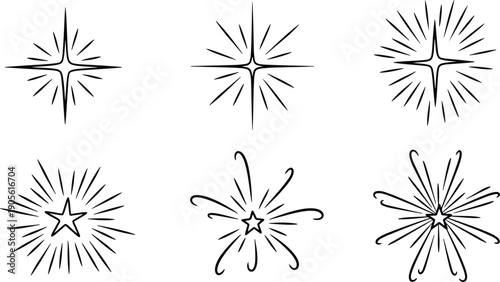 A set of six vector silhouette starburst line art illustrations in black on a white background