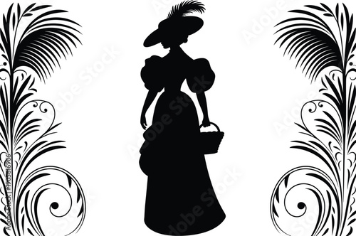 Silhouette of elegant woman in vintage dress, wide brim hat with feather, basket in hand, ornate floral decorative illustrationSilhouette of elegant woman in 