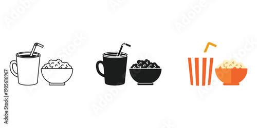 Set of coffee and popcorn illustrations in different styles