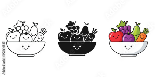Colorful cartoon fruits and vegetables in smiling bowls