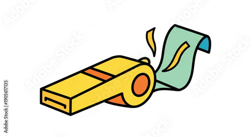 Yellow Whistle Blowing with Green Ribbon on White Background