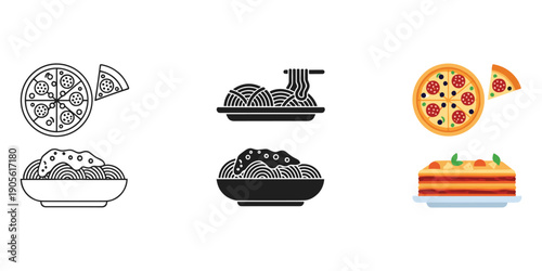 Delicious food icons including pizza and pasta dishes