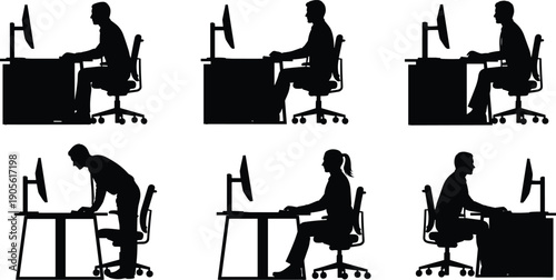 Office worker silhouettes, people using computers, workplace ergonomics posture, sitting standing desk positions, professional business technology illustration concept modern vector