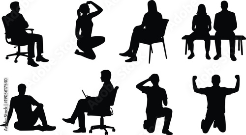 Silhouette of people in seated and kneeling poses, office chair, laptop use, casual posture illustration, body language design scene