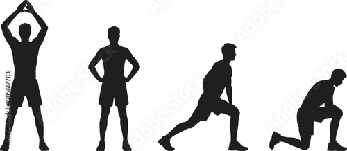 Silhouette of person doing stretching exercises, warm‑up poses, fitness routine illustration, lunge position, arms raised, healthy lifestyle design