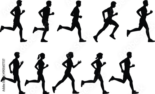 Silhouette of people running in different postures, athletic movement illustration, sports biomechanics design, fitness lifestyle scene, dynamic exercise art