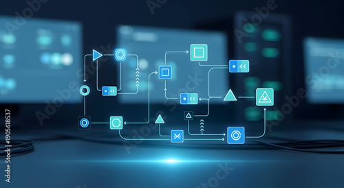 automation workflow icon with connected nodes and pathways, glowing digital UI element sharply focused, no symbols resembling real software, blurred professional tech background