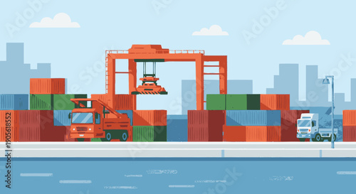 Shipping Containers at Dockyard with Crane.