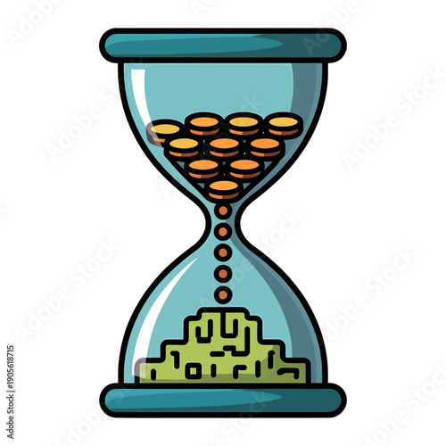 stylized hourglass with falling coins and pixel wealth base vector icon symbolizing time value money flow financial growth savings strategy investment planning and economic balance