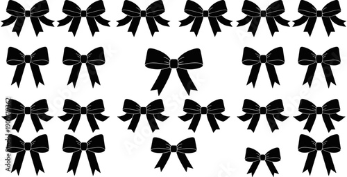 Silhouette vector set of elegant black ribbon bows in various styles and sizes for gift wrapping, holiday decoration, and feminine fashion design.