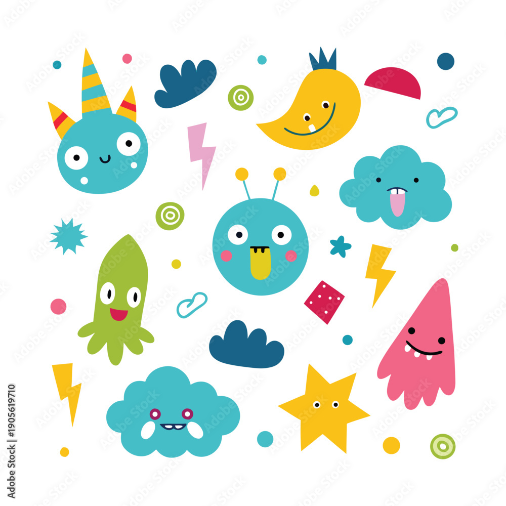 Obraz premium Colorful Cartoon Monsters and Lightning Bolts Keywords: monsters, cartoon, cute, characters