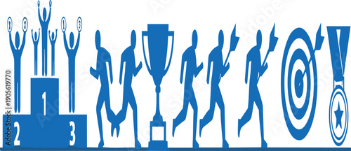 Success and Achievement Illustration with Winners Podium, Trophy Cup, Running Team, Goal Target, Medal Award, and Business Victory Concept Symbols