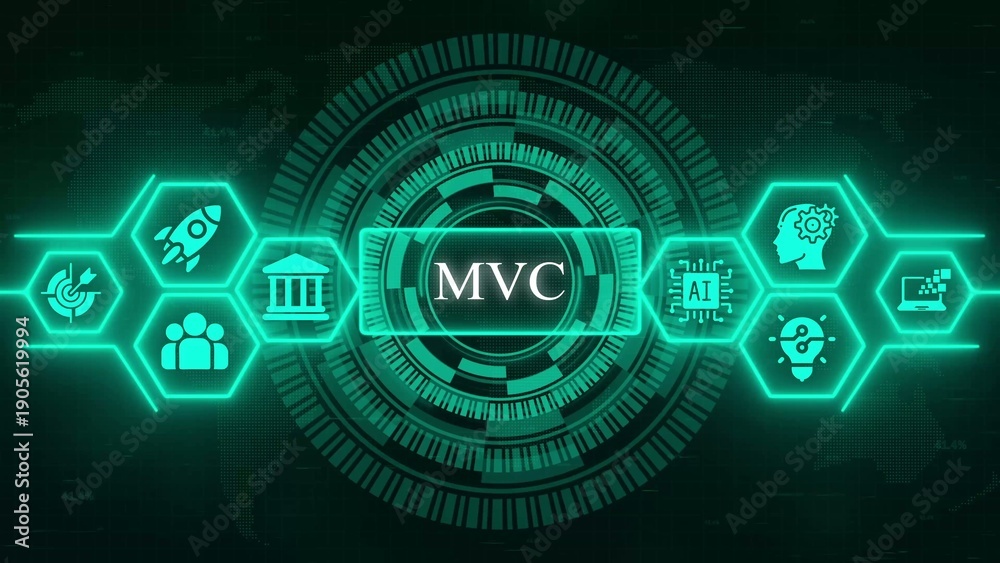 Fototapeta premium Digital abstract technology concept with M V C central text and hexagonal