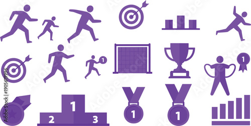 Success and Competition Icon Set with Running Athletes, Winners Podium, Trophy Awards, Target Goals, Medals, and Performance Growth Charts