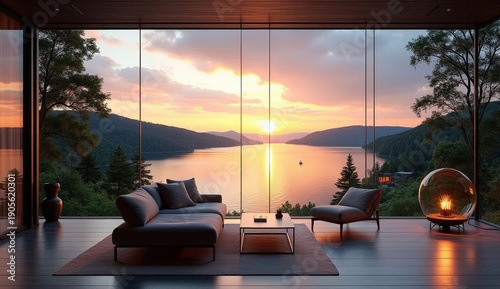 Modern living room with panoramic lake view at sunset,Virtual background, digital meeting background, ms teams background, zoom background