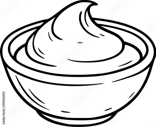 Vector outline illustration of sauce in bowl. Hand drawn linear icon isolated on white background. Minimal food sketch for menu, packaging and design.