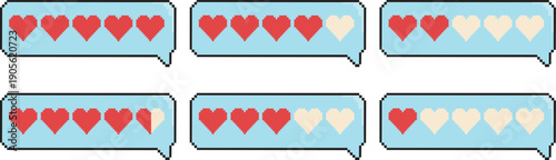 Pixel Art Heart Rating Icon Set - Retro 8-Bit Love Feedback Bubbles for Game UI and Vintage Customer Review Vector Illustration