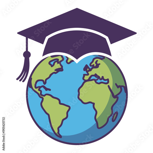 stylized globe wearing graduation cap representing global education international learning academic success worldwide knowledge and online study concept in clean vector style