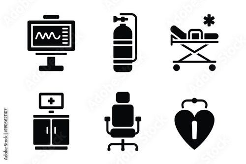 Medical Icons: Monitor, Oxygen, Stretcher, Heart Lock