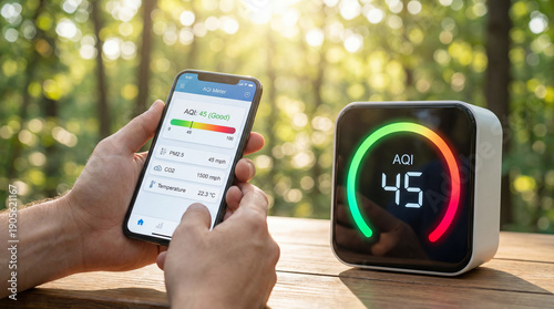 Person checks air quality using smartphone app and digital AQI meter in serene outdoor setting. device displays AQI of 45, indicating good air quality