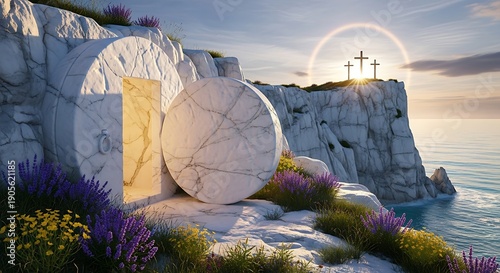 Easter sunrise empty tomb on a cliffside with crosses and rainbow
