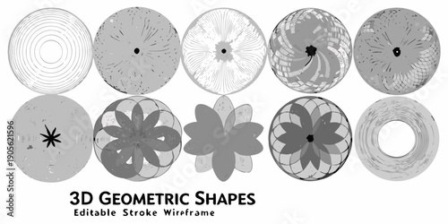 A collection of grayscale circular geometric patterns and wireframe designs