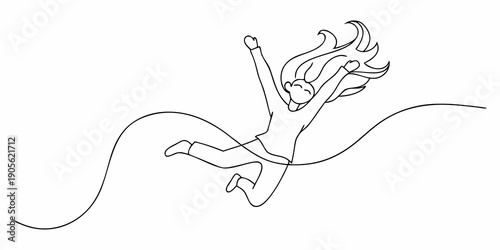 A joyful woman leaps and dances with flowing hair in a single line