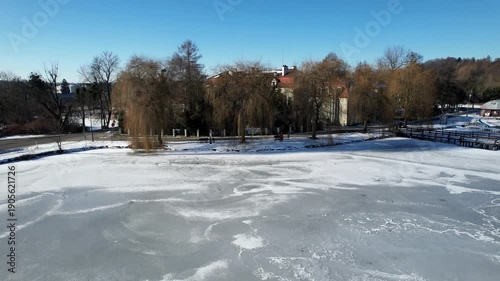 Zima w Zebrzydowicach na Śląsku w Polsce z lotu ptaka. Park z pałacem i zamarzniętym stawem.