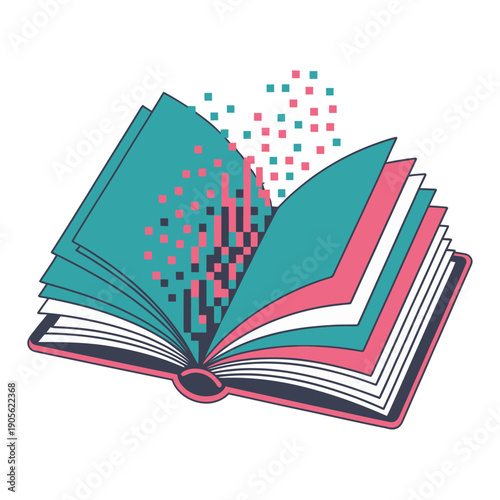 colorful vector illustration of an open book releasing digital pixels symbolizing knowledge transformation digital learning education technology and imagination
