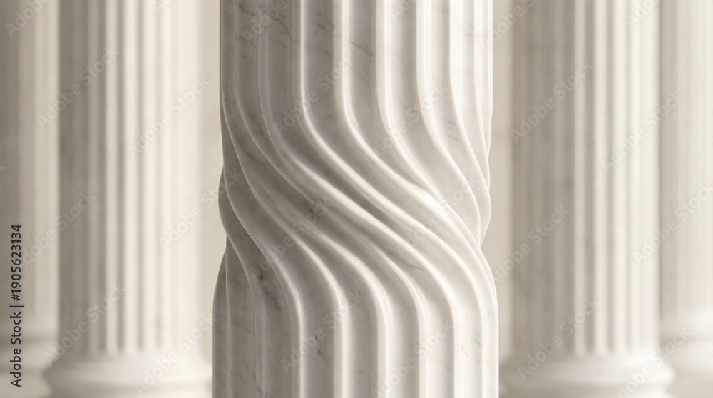 Obraz premium Elegant marble columns stand in a row, the central column showcasing intricate carvings and architectural detail, embodying strength and aesthetic beauty.