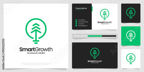 Abstract growth logo with light bulb logo vector.Icon for financial logo design with business card template.