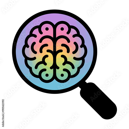 colorful vector icon of magnifying glass with brain symbol representing analysis intelligence critical thinking research psychology and data driven insight