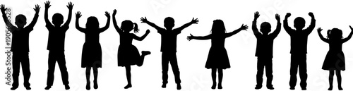 Silhouette vector set of happy children jumping and cheering with arms raised, celebrating together in a row for community concept.