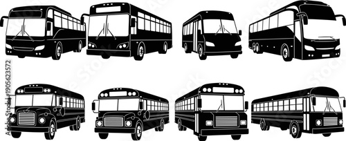 Silhouette vector set of various public transport vehicles including modern city buses, luxury coaches, and classic school buses from different angles.