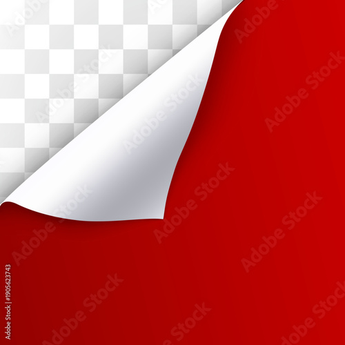 Realistic red page curl revealing transparent background, ideal for design elements or overlays. Vector illustration.