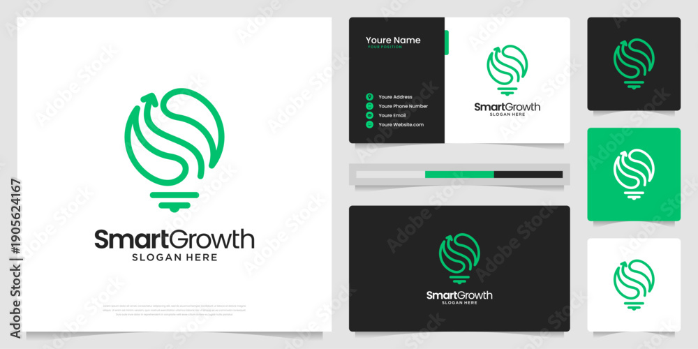 Fototapeta premium Abstract growth logo with light bulb logo vector.Icon for financial logo design with business card template.