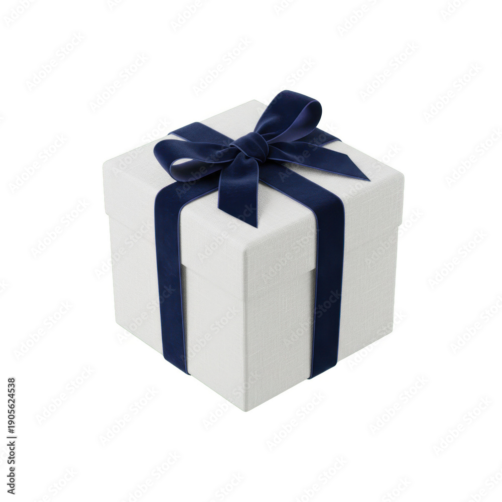 Fototapeta premium White Square Gift Box with Navy Ribbon