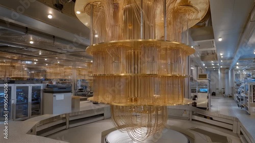 A quantum computing lab filled with towering cryogenic refrigerators, golden wiring descending into ultra-cold chambers where qubits hum in near-absolute-zero silence — futuristic computing,