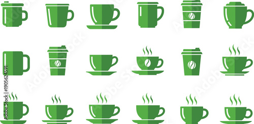 Coffee Cup and Mug Icon Set with Hot Beverage Symbols, Cafe Drinkware, Takeaway Coffee Cups, Steaming Mugs, and Eco Friendly Refreshment Designs