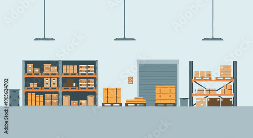 Warehouse Storage with Cardboard Boxes and Shelves.