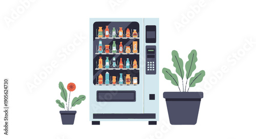Vending Machine with Drinks and Plants Nearby.