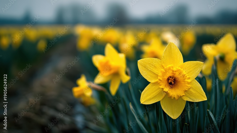 Fototapeta premium Field of yellow daffodils, low angle, blurred foreground and background, focus on one flower