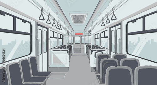 Empty Train Carriage with Grey Seats.