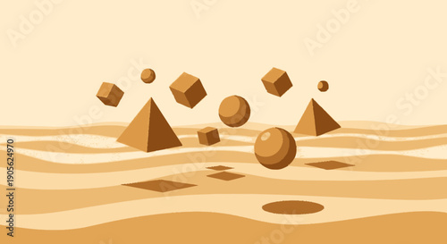 Floating Geometric Shapes in Desert Scene.