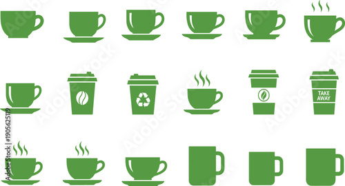 Coffee Cup and Takeaway Beverage Icon Set with Hot Drinks, Cafe Mugs, Reusable Cups, Eco Friendly Coffee Symbols, and Refreshment Design Elements