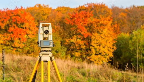A surveying instrument stands on a tripod in a field, autumn trees in the background. The scene displays vibrant fall colors