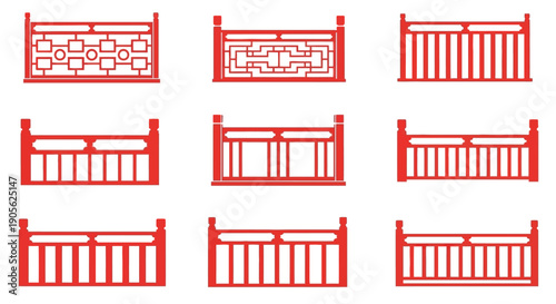 Collection of various Chinese-style red railing designs and patterns, showcasing traditional architectural elements and decorative motifs, perfect for cultural or historical design projects