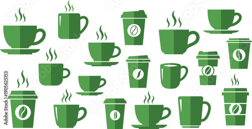 Coffee Cup and Takeaway Beverage Icon Set with Hot Drinks, Cafe Mugs, Steaming Cups, Reusable Coffee Containers, and Eco Friendly Refreshment Symbols